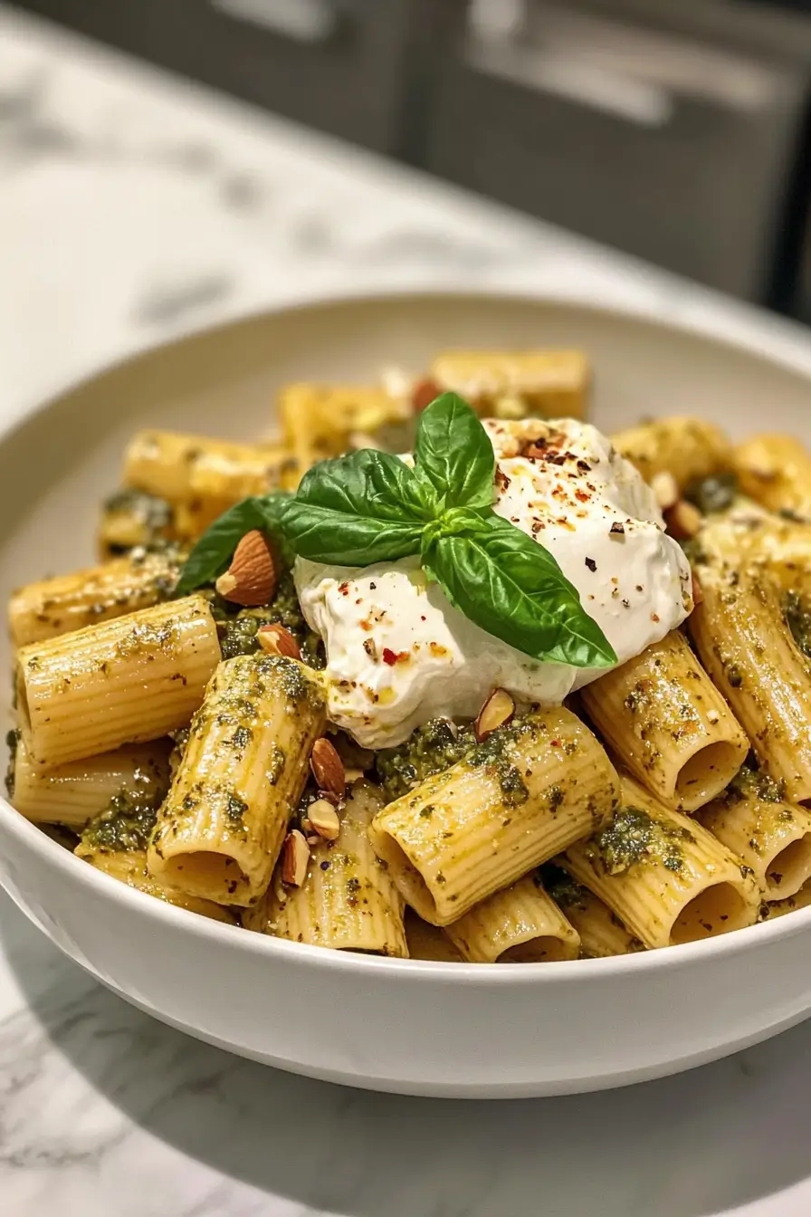 Basil Pesto Rigatoni with Burrata & Toasted Almonds