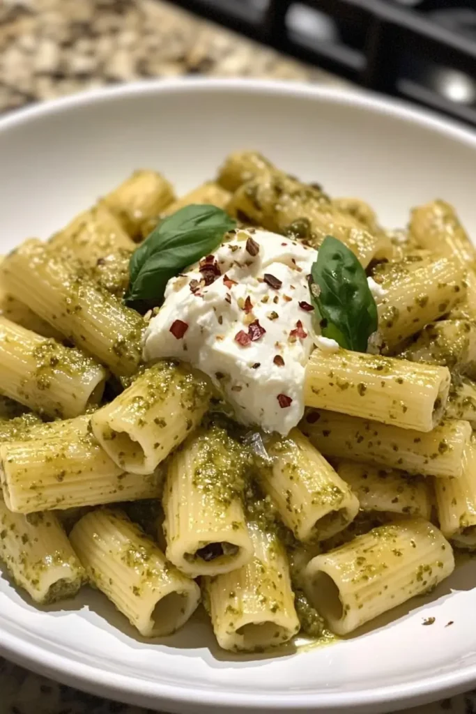 Basil Pesto Rigatoni with Burrata & Toasted Almonds