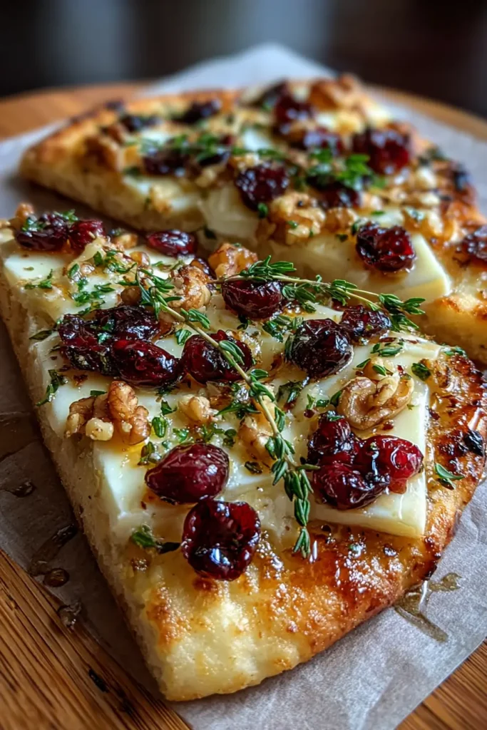 Crispy Flatbread with Brie, Cranberries & Toasted Walnuts with a Hot Honey Drizzle