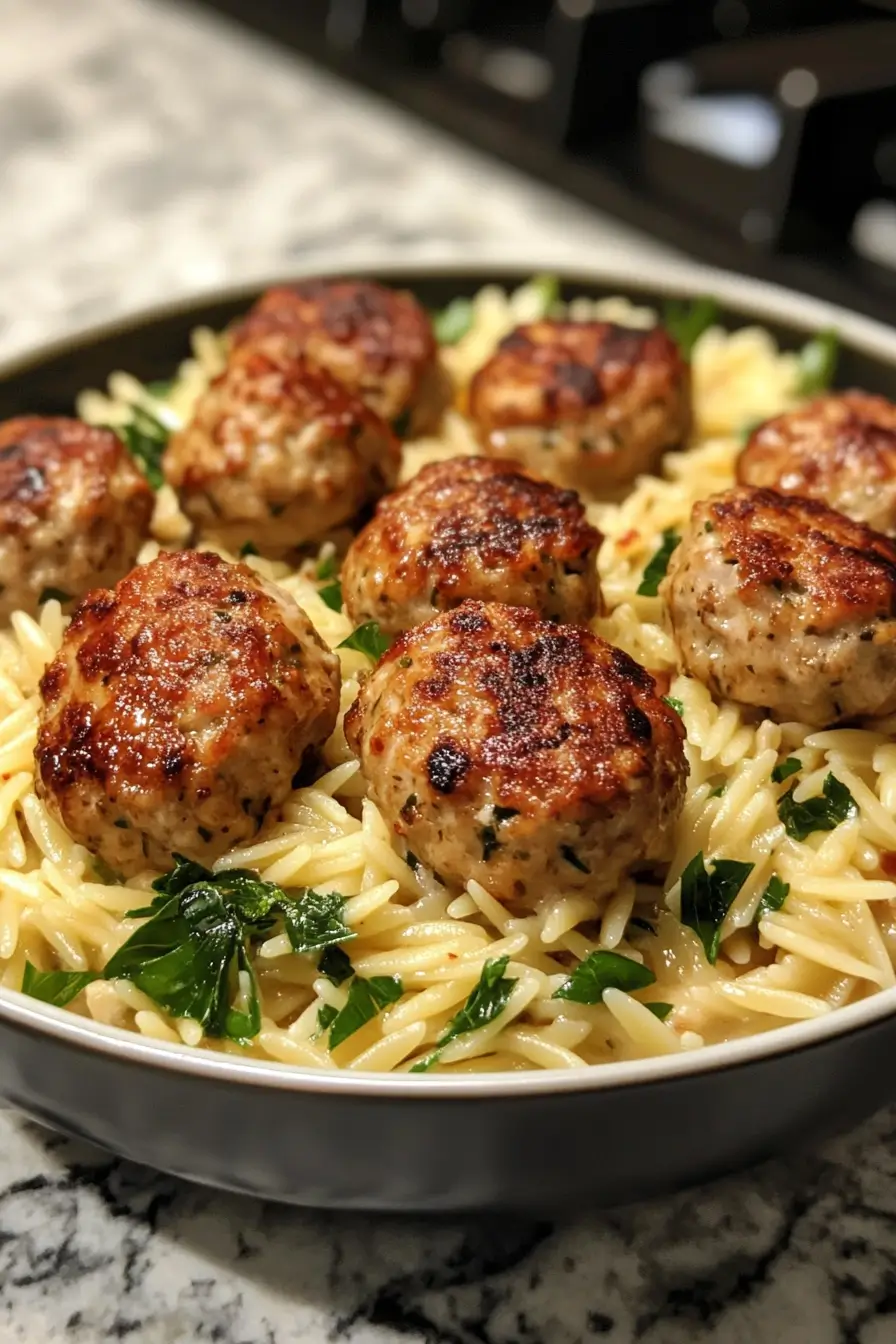 Greek Chicken Meatballs with Lemon Orzo