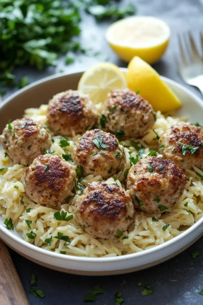 Greek Chicken Meatballs with Lemon Orzo