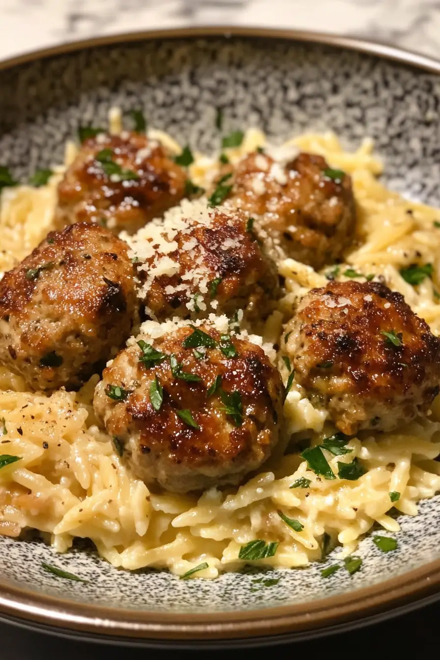 Lemon Chicken Ricotta Meatballs with Garlic Orzo