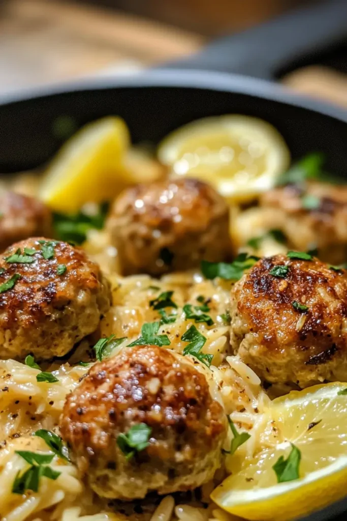 Lemon Chicken Ricotta Meatballs with Garlic Orzo