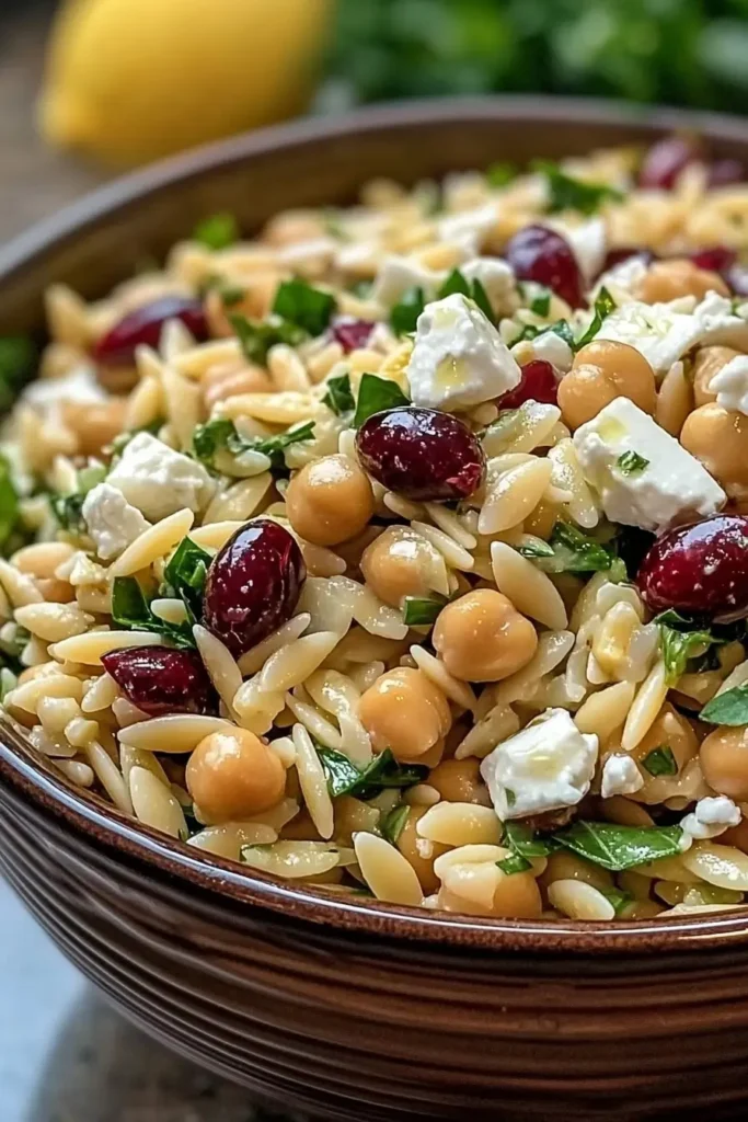 Orzo & Cranberry Chickpea Salad with Feta & Lemon Oregano Dressing