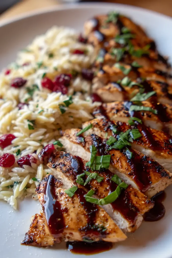 Grilled Chicken with Cranberry Balsamic Glaze & Ricotta Orzo Salad
