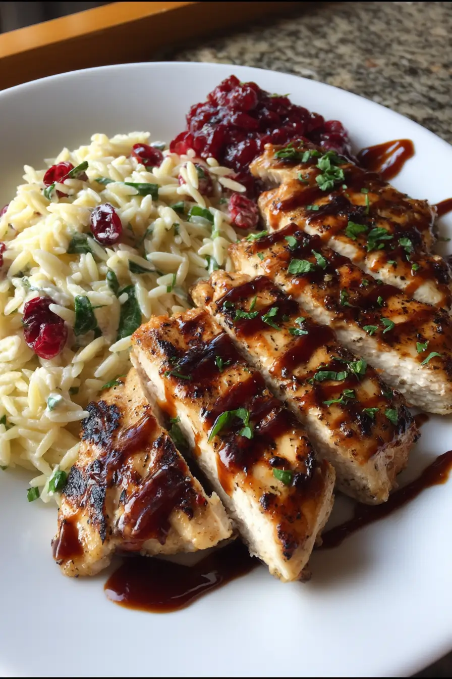 Grilled Chicken with Cranberry Balsamic Glaze & Ricotta Orzo Salad