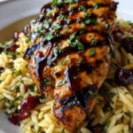 Grilled Chicken with Cranberry Balsamic Glaze & Ricotta Orzo Salad