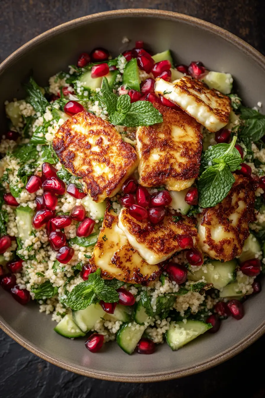Halloumi & Pomegranate Couscous Salad with Mint-Lemon Dressing