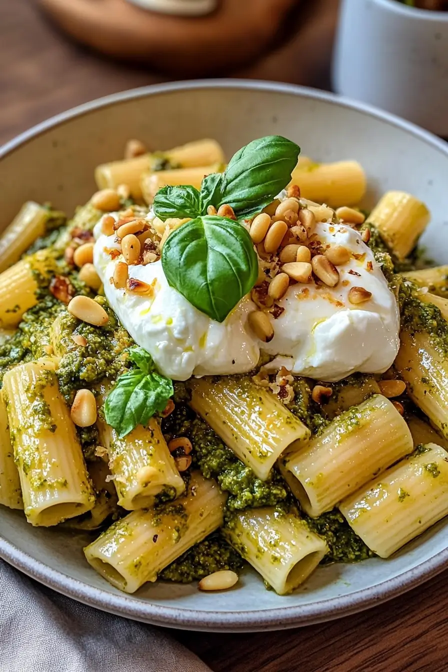 Lemon Pesto Rigatoni with Burrata & Roasted Pine Nuts