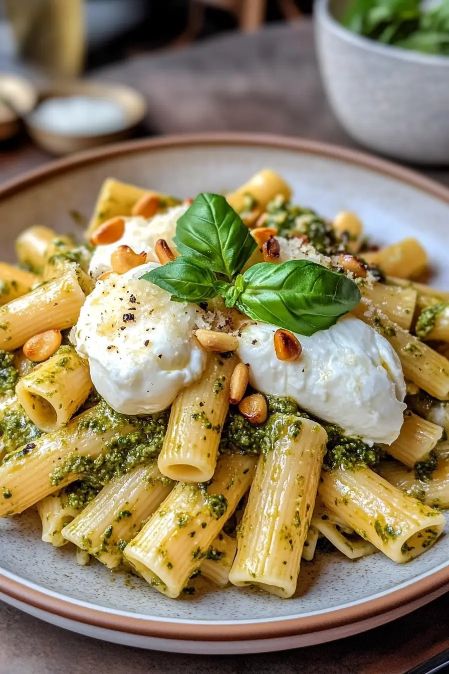 Lemon Pesto Rigatoni with Burrata & Roasted Pine Nuts