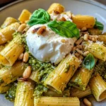 Lemon Pesto Rigatoni with Burrata & Roasted Pine Nuts
