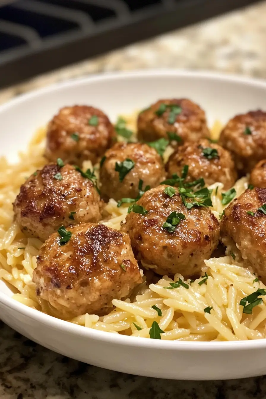 Smoky Chicken Ricotta Meatballs with Garlic Orzo