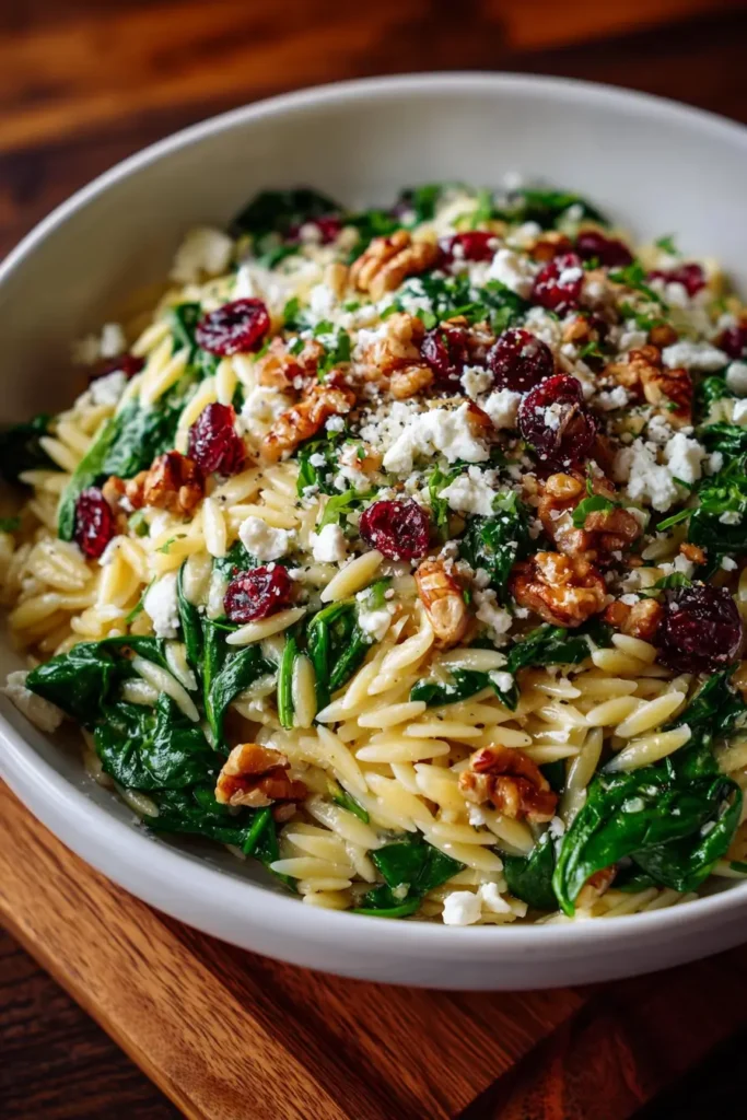 Cranberry Spinach Orzo with Toasted Walnuts & Feta