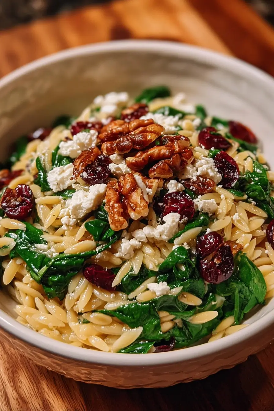 Cranberry Spinach Orzo with Toasted Walnuts & Feta