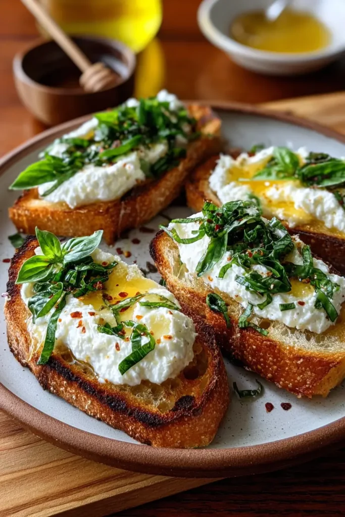 Creamy Basil Burrata Toasts with Hot Honey