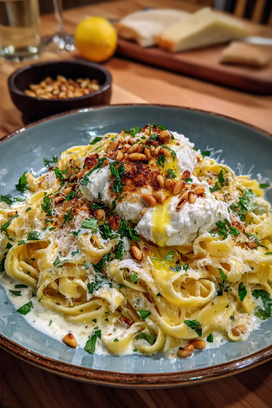 Creamy Lemon & Burrata Tagliatelle with Crispy Pine Nuts