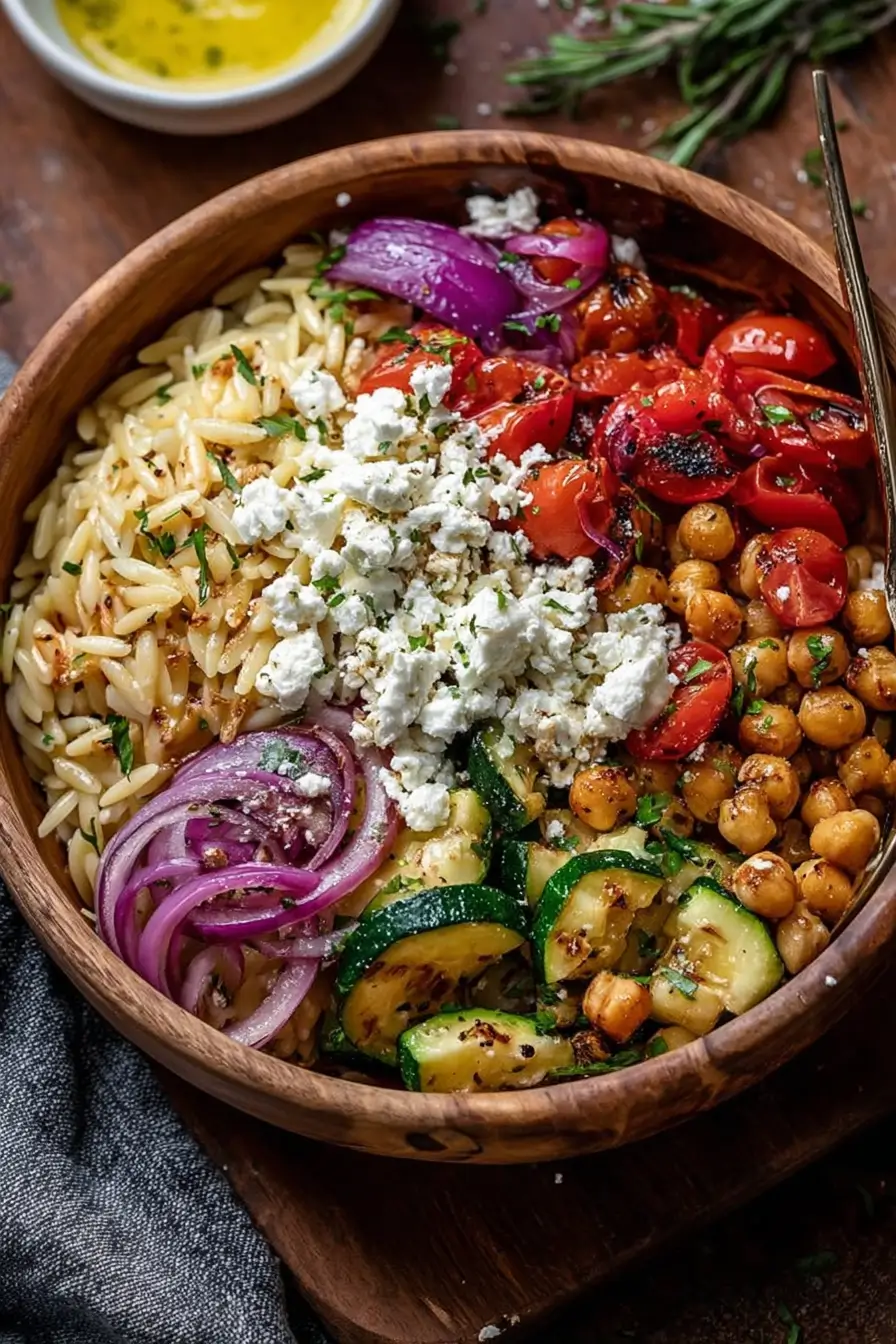 Feta & Veggie Bowl with Orzo & Chickpeas