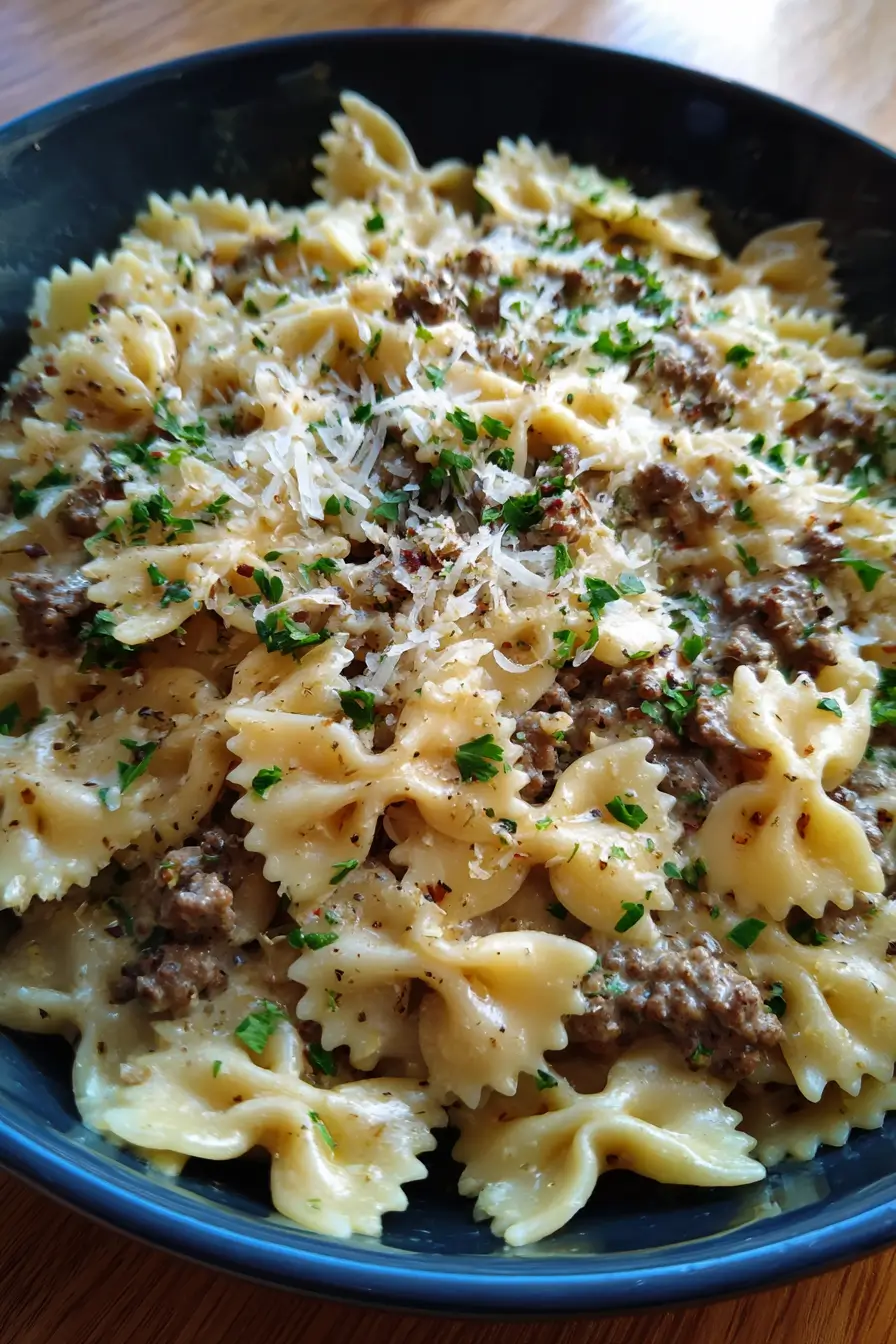 Garlic Parmesan Bowtie Pasta with Creamy Beef