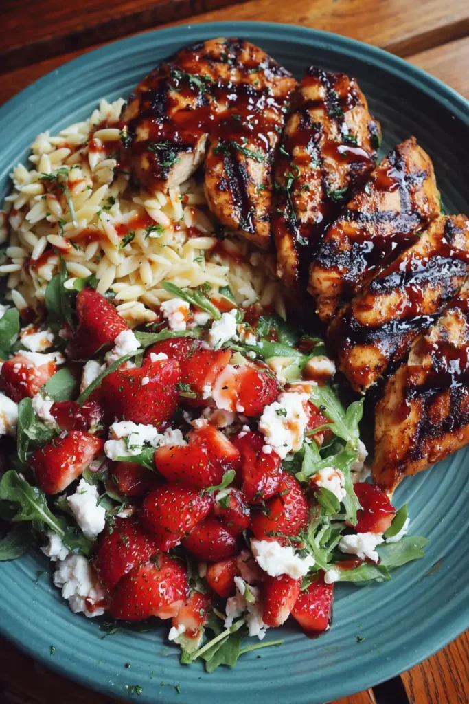 Grilled Chicken with Strawberry Balsamic Glaze & Ricotta Salata Orzo Salad