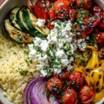 Lemon Orzo Bowl with Feta, Roasted Veggies & Honey Dressing