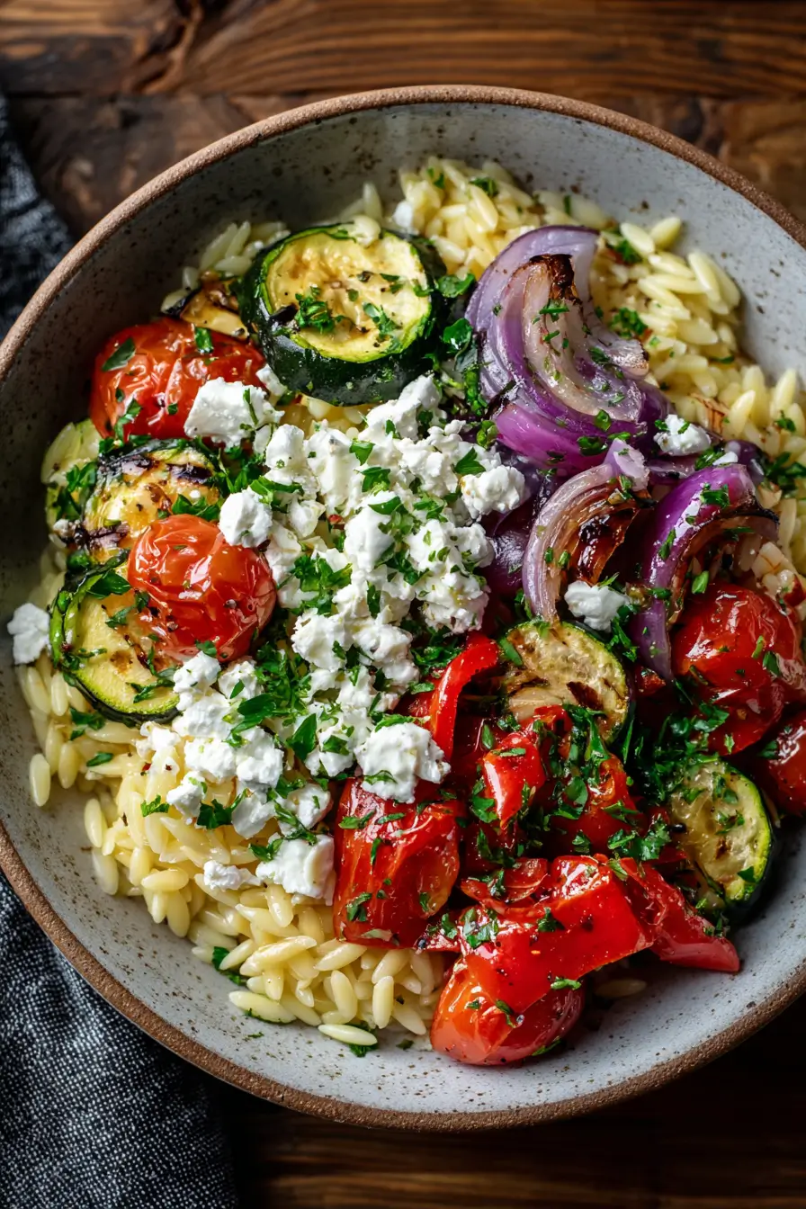 Lemon Orzo Bowl with Feta, Roasted Veggies & Honey Dressing Lemon Orzo Bowl with Feta, Roasted Veggies & Honey Dressing