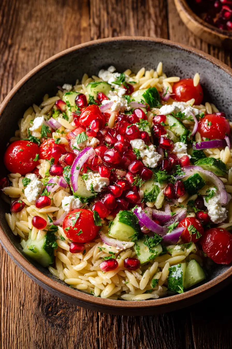 Mediterranean Veggie Orzo Salad with Feta & Pomegranate Seeds