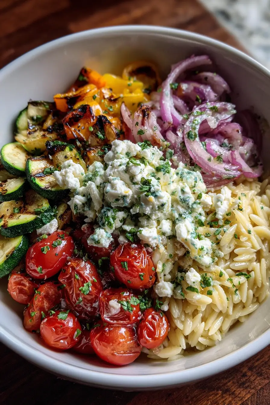 Orzo Bowl with Feta, Roasted Veggies & Herbed Dressing
