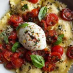 Ricotta and Lemon Zest Ravioli with Burst Tomatoes and Burrata