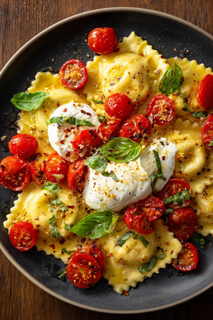 Ricotta and Lemon Zest Ravioli with Burst Tomatoes and Burrata