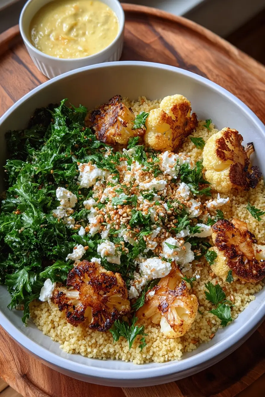 Roasted Cauliflower Couscous Bowl with Feta & Lemon Tahini