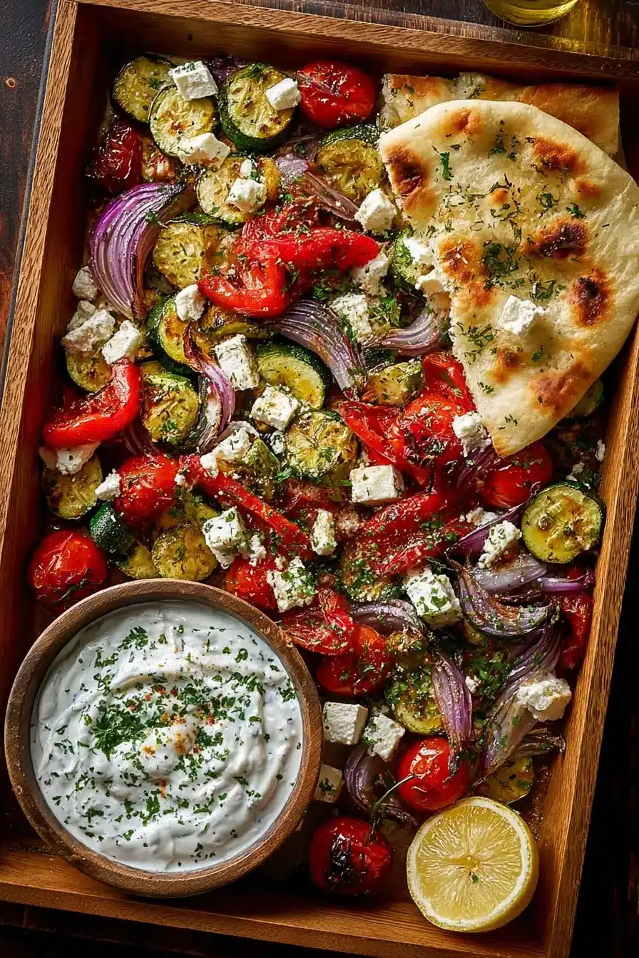 Roasted Veggie & Feta Sheet-Pan with Lemon Yogurt Sauce