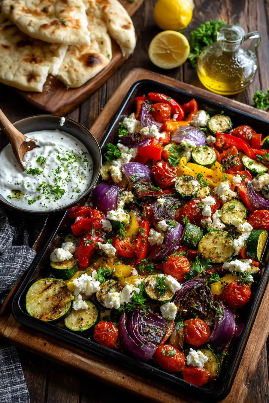 Roasted Veggie & Feta Sheet-Pan with Lemon Yogurt Sauce