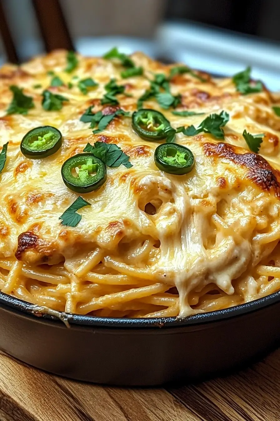 Spicy Cream Cheese Jalapeño Chicken Spaghetti Bake