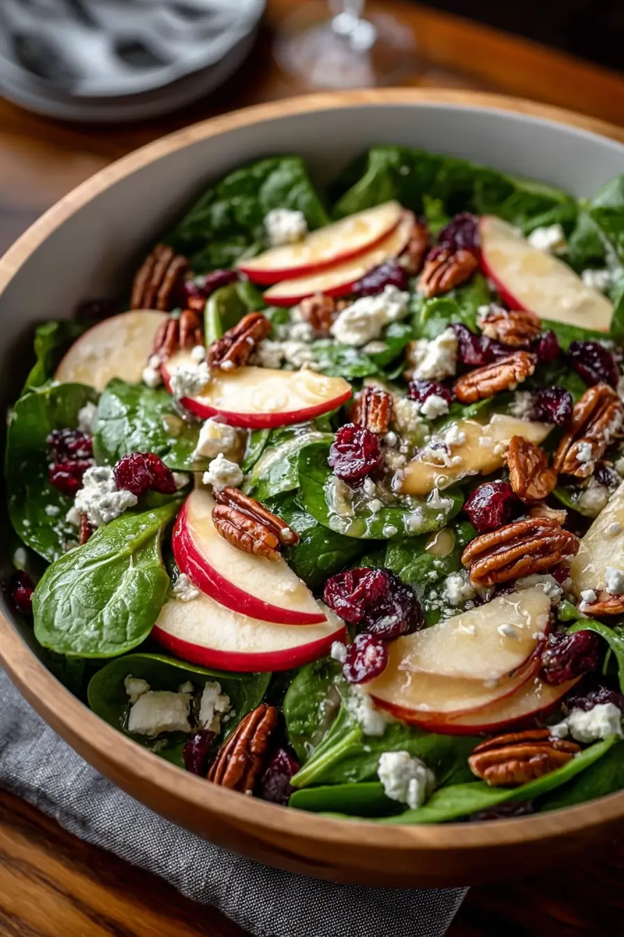 Spinach & Apple Salad with Cranberries, Pecans & Feta