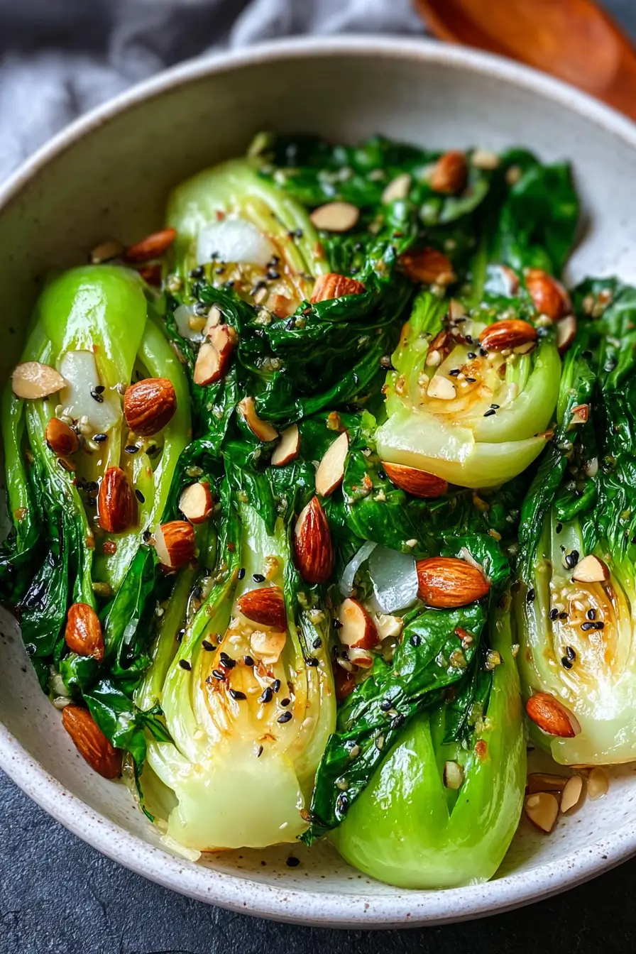 Stir-Fried Baby Bok Choy with Lemon Vinaigrette & Toasted Almonds