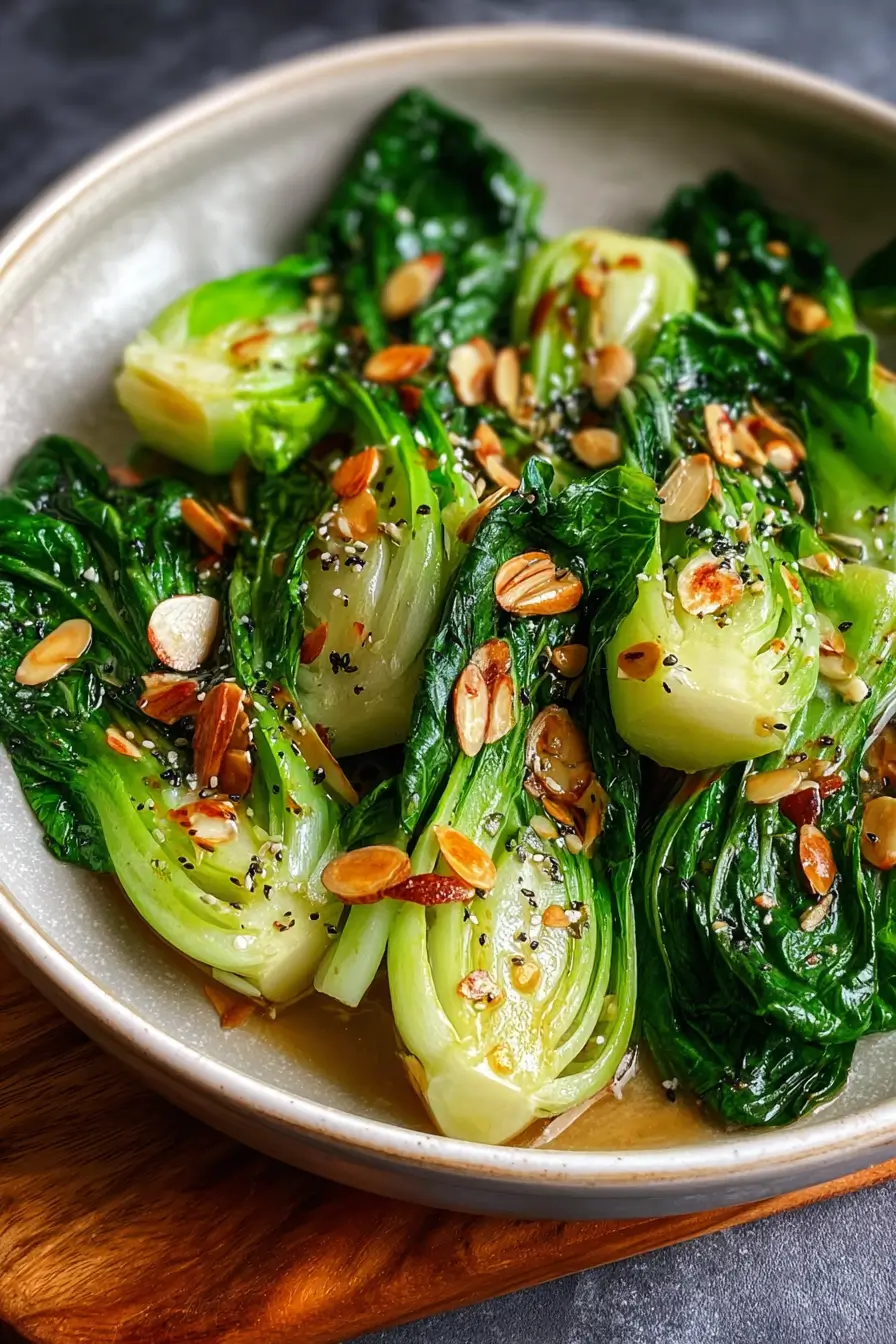 Stir-Fried Baby Bok Choy with Lemon Vinaigrette & Toasted Almonds