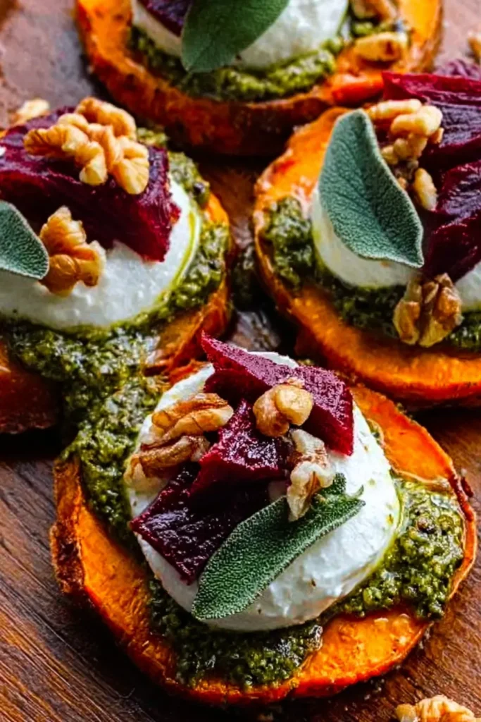 Sweet Potato Rounds with Burrata, Roasted Beets, and Walnut Sage Pesto