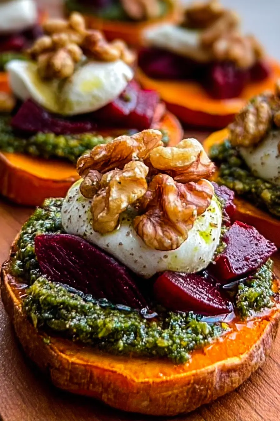 Sweet Potato Rounds with Burrata, Roasted Beets, and Walnut Sage Pesto