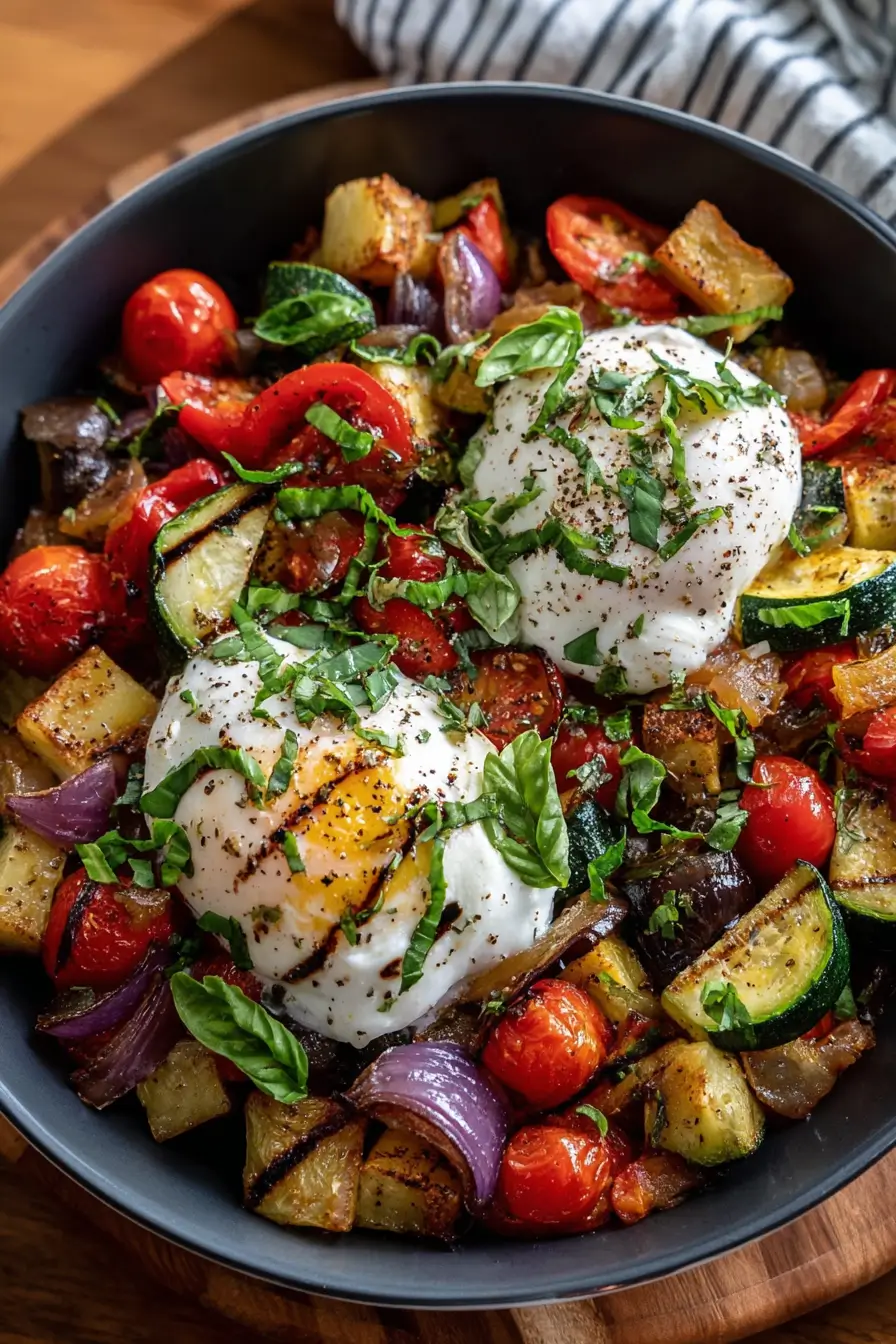 Warm Burrata & Garlic Roasted Veggie Skillet