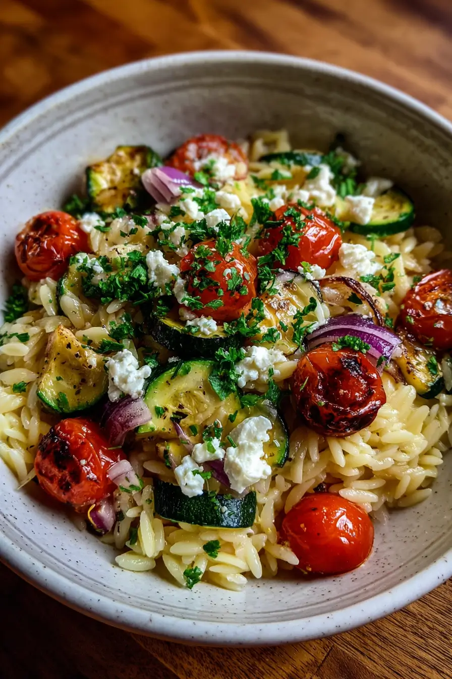 Warm Orzo Bowl with Feta, Roasted Veggies & Honey-Citrus Drizzle Warm Orzo Bowl with Feta, Roasted Veggies & Honey-Citrus Drizzle