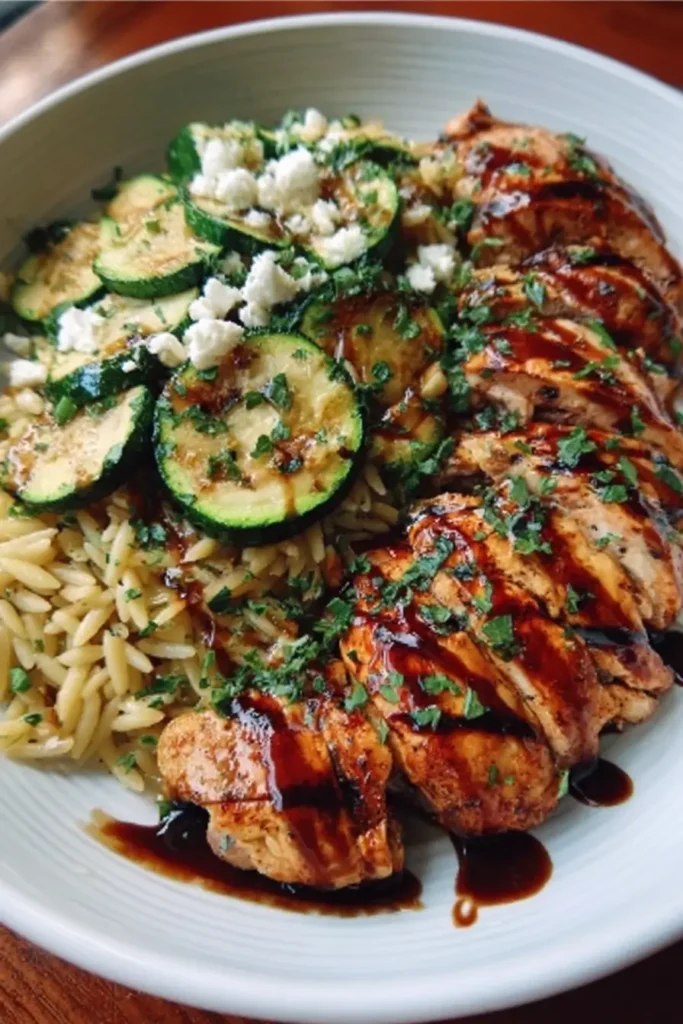 Balsamic Glazed Chicken & Orzo with Feta & Grilled Zucchini 