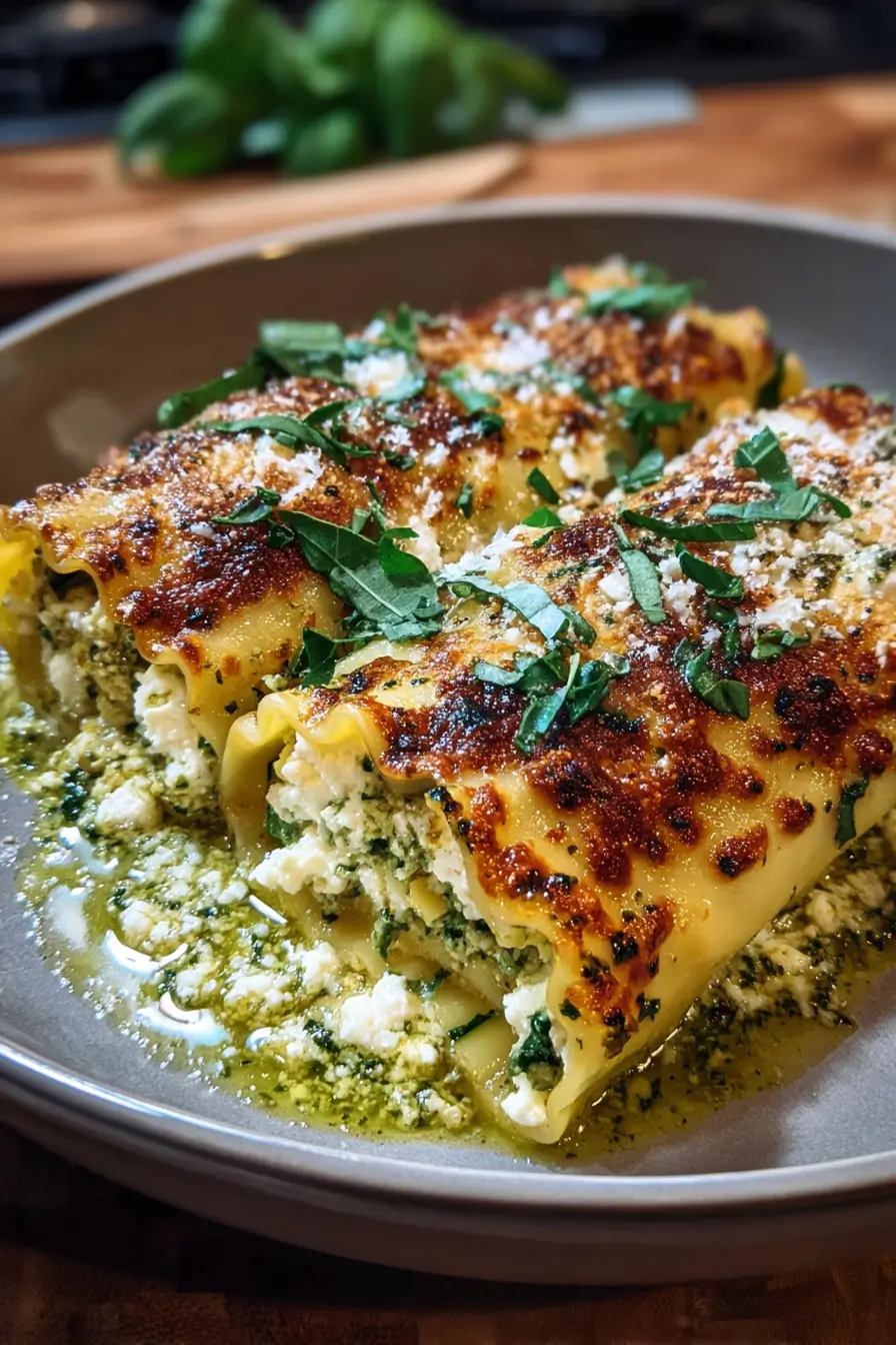 Burrata & Zucchini Lasagna Roll-Ups with Lemon Pesto Drizzle