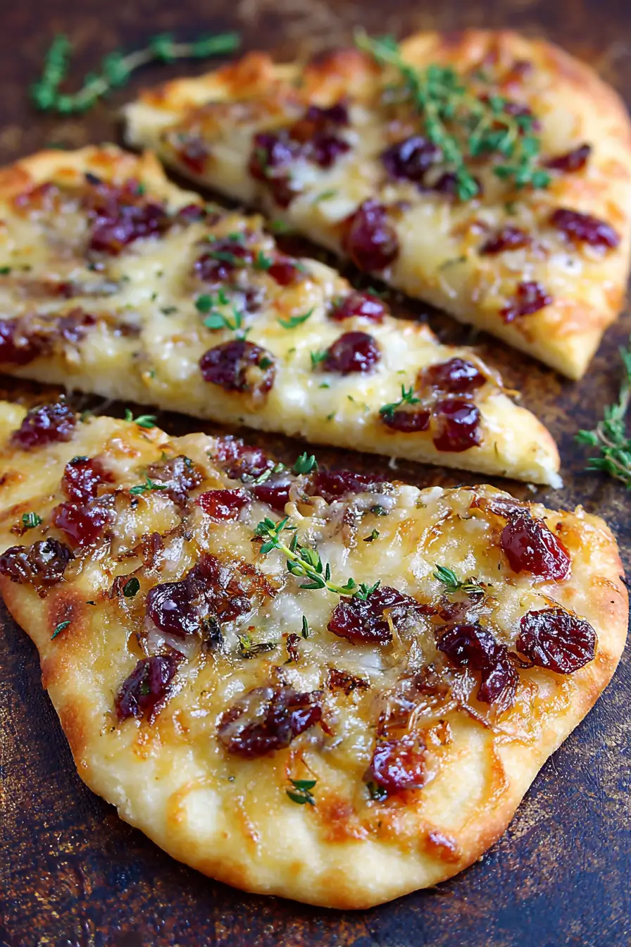 Easy rustic caramelized onion and cranberry flatbread with Gruyère cheese