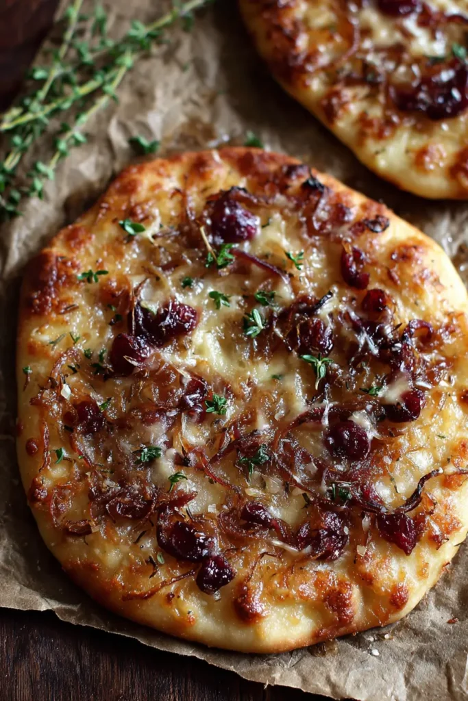 rustic caramelized onion and cranberry flatbread with Gruyère cheese Recipe