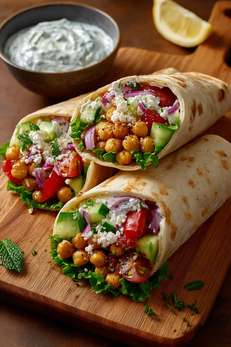 Chickpea & Feta Wrap with Veggies & Yogurt Sauce