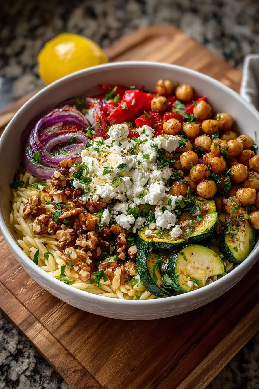 Chickpea & Orzo Bowl with Feta, Roasted Veggies & Walnuts Chickpea & Orzo Bowl with Feta, Roasted Veggies & Walnuts