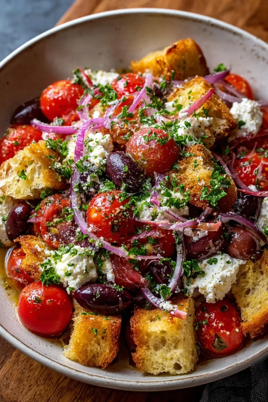 Feta, Tomato & Olive Salad with Garlicky Croutons