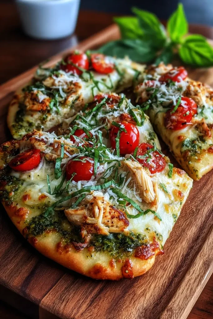 Pesto Chicken Flatbread with Mozzarella