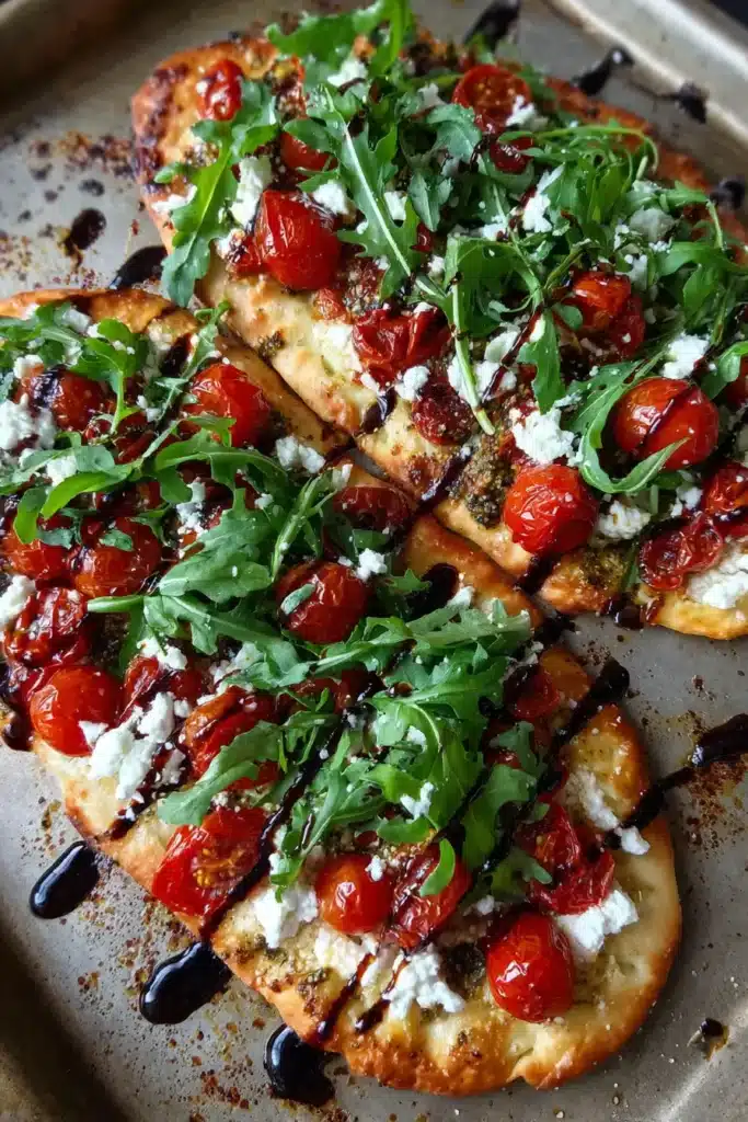 Roasted Tomato & Goat Cheese Flatbread with Pesto & Arugula