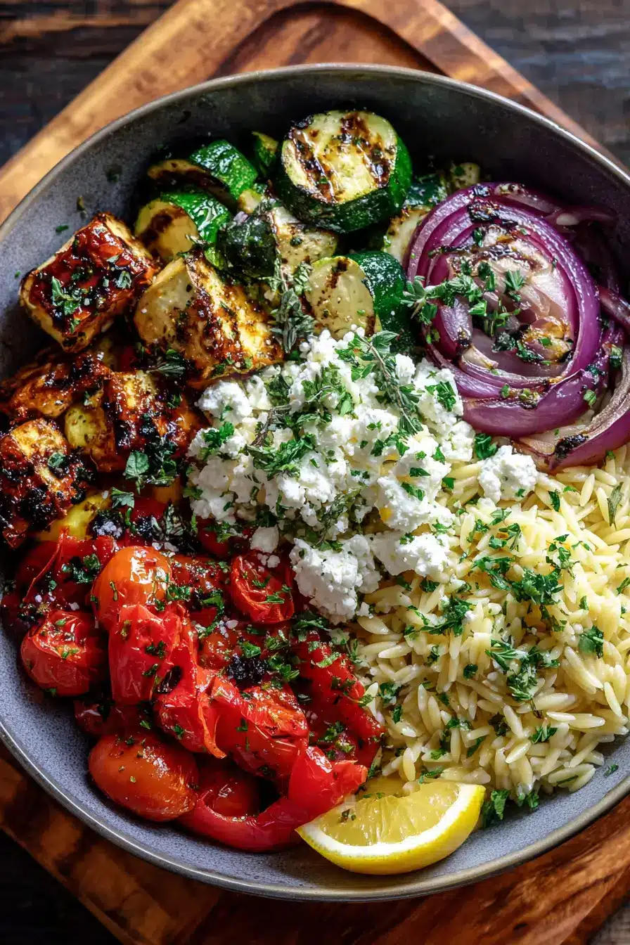 Roasted Veggie Bowl with Feta, Orzo & Olive Oil
